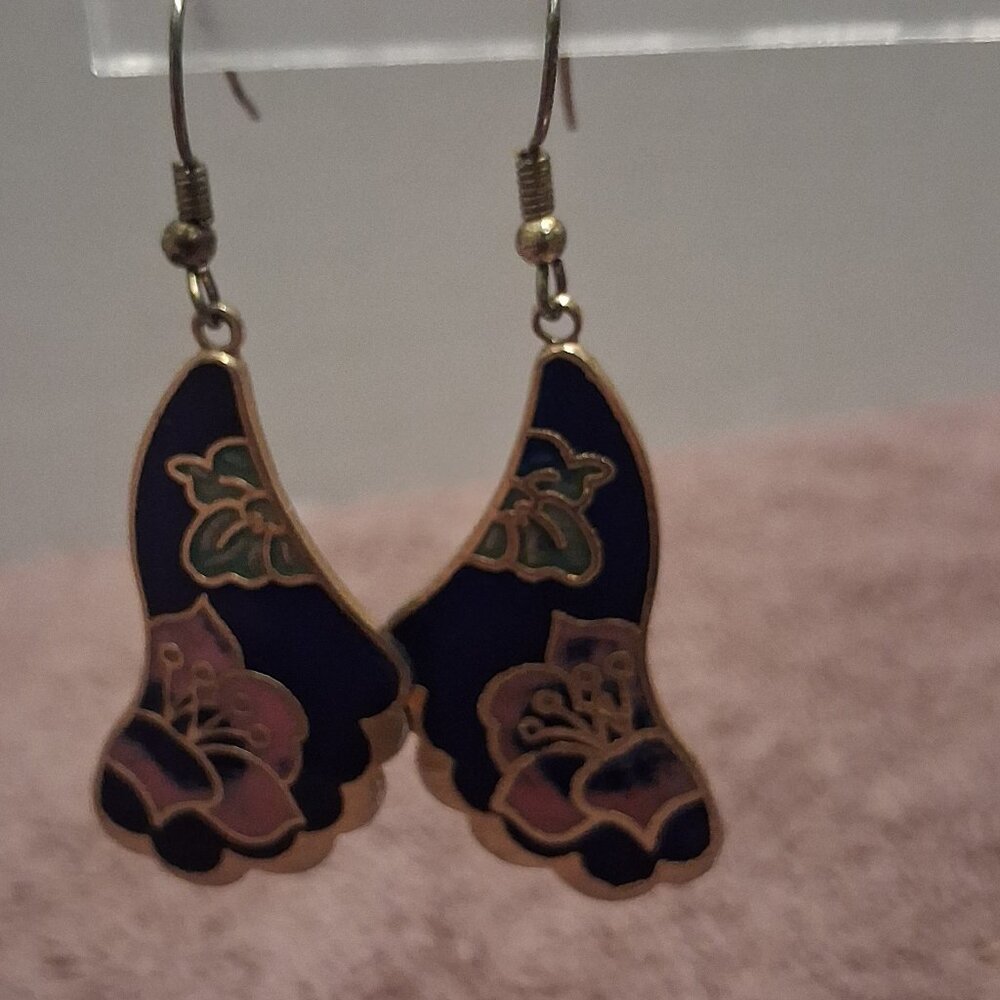 Vintage Cloisonné Dark Blue Enamel Flower Earrings Pierced Abstract Pink Green